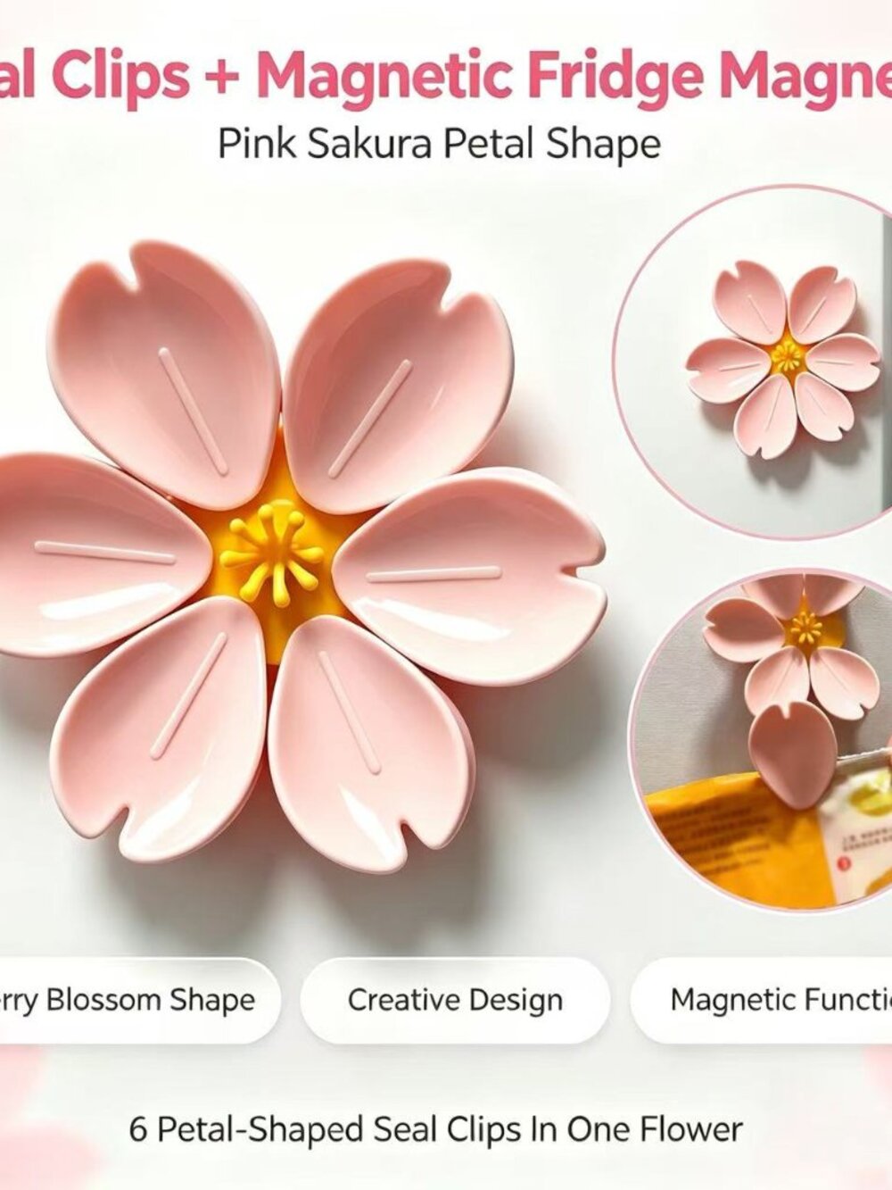Pink Sakura Food Sealing Clips, 6 Detachable Petal Kitchen Bag Clips